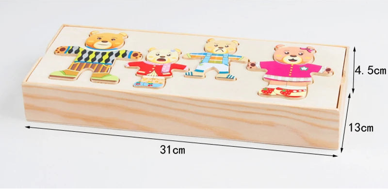 Wooden bear dress-up puzzle with measurements and dimensions