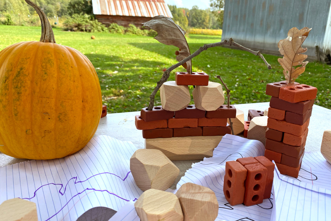 Imagen de pequeños ladrillos Guidecraft y piedras verticales de apiladores de madera Guidecraft combinadas con piezas sueltas naturales como hojas, palos y una calabaza para crear una actividad creativa al aire libre.