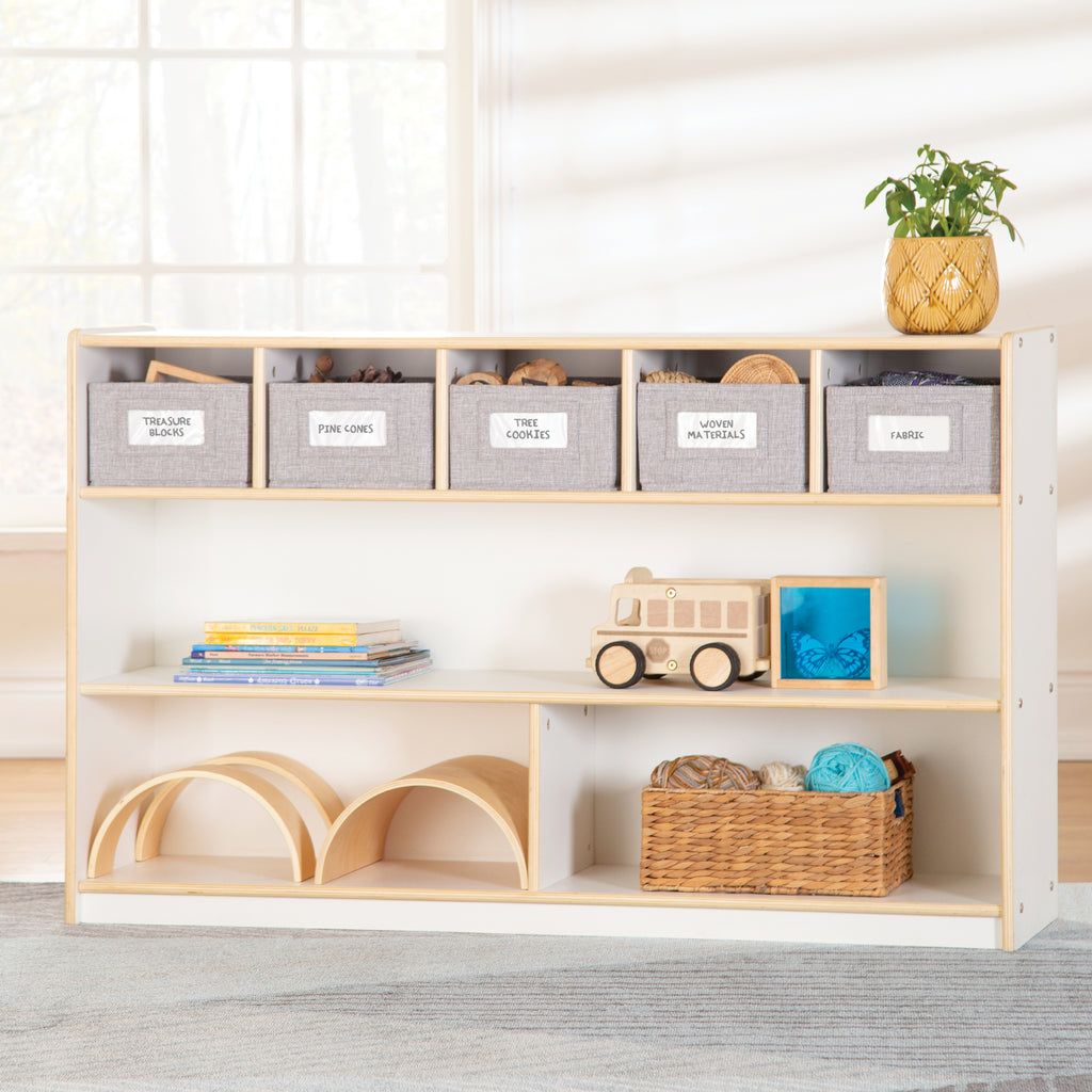 Labeled Storage Bins for Smaller or Paired Toy Items.