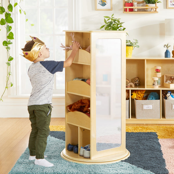 Young Boy Storing Costumes and Playing Pretend Using the Kids' Rotating Dress Up Storage Center
