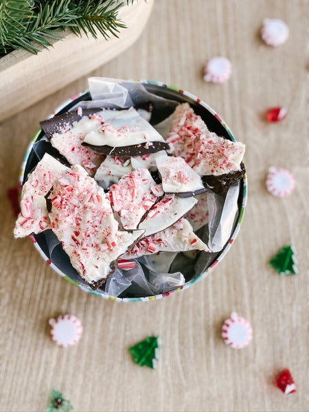 overhead view of bowl with candy cane bark