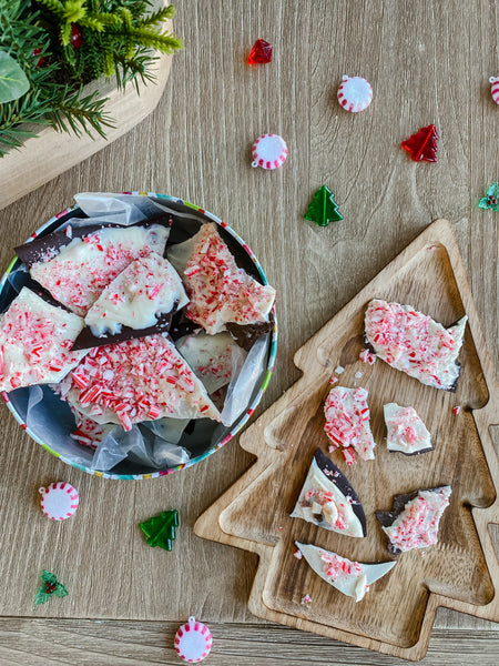 Candy cane bark in bowl and wooden pine tree tray