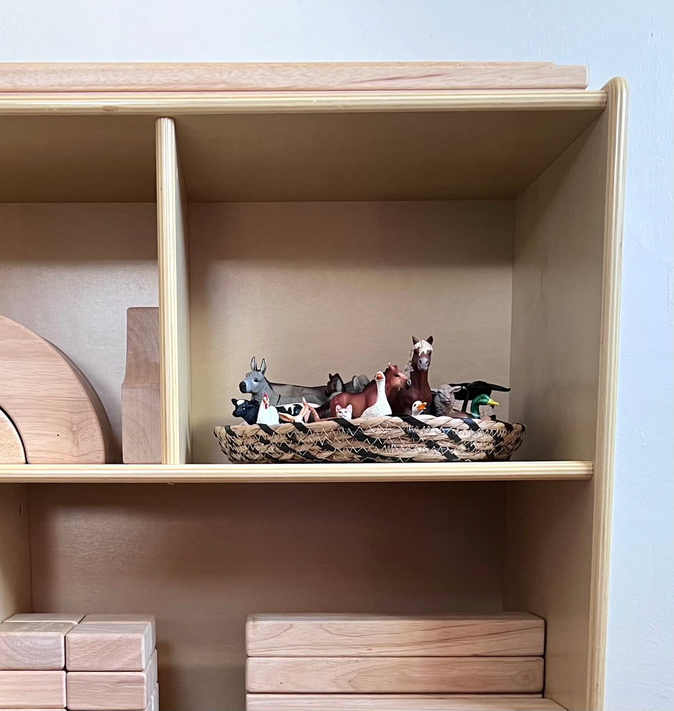 EdQ Compartment Shelf with Basket of Animal Figurines that Can Be Paired with Block Play