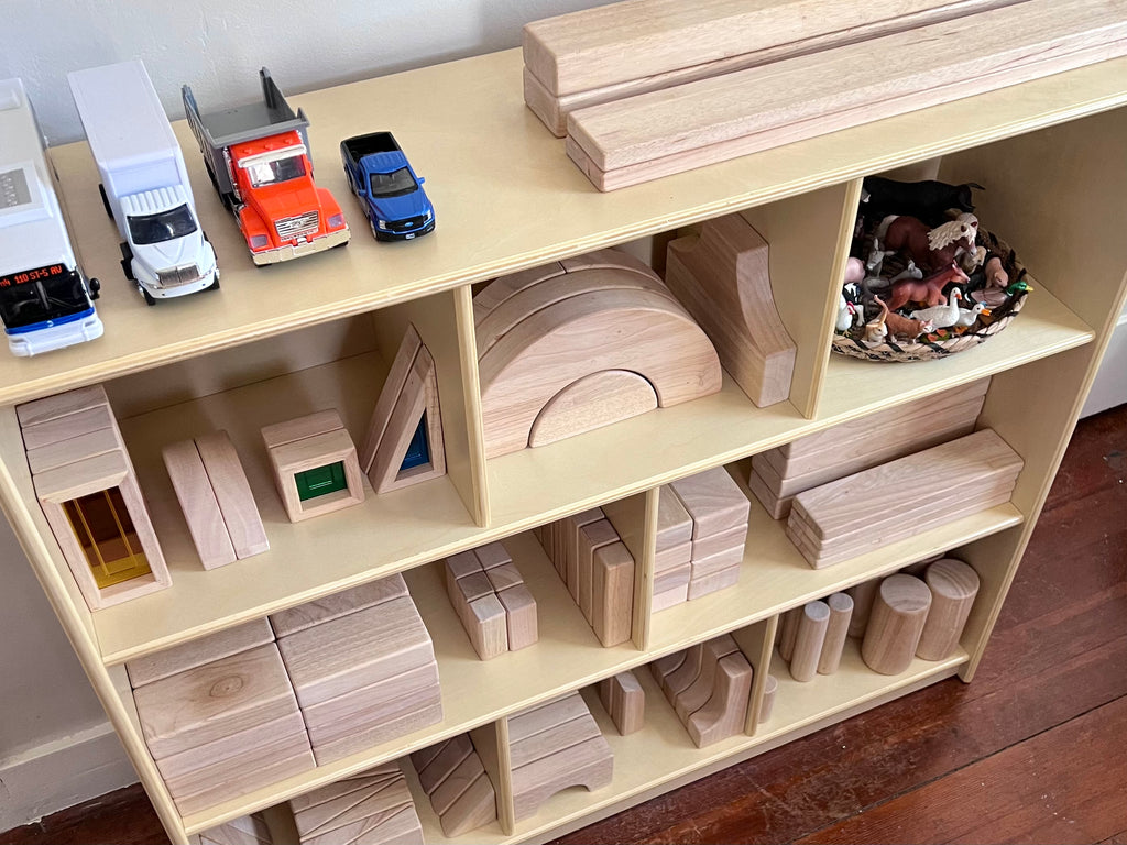 EdQ 3-Shelf 8-Compartment Storage - Natural with Unit Blocks and Toy Vehicles