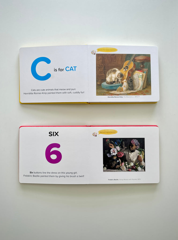 "ABCs of Art" and "123s of Art", by Sabrina Hahn are early literacy and numeracy books that teach numbers and letters with an introduction to art history.