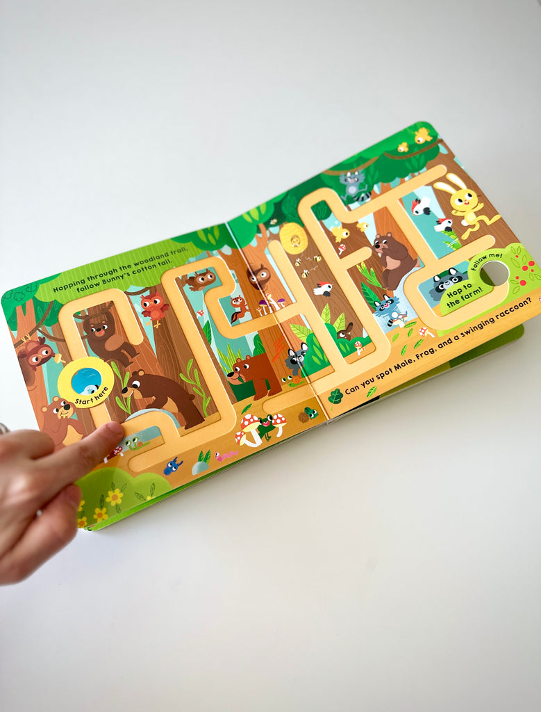 "Follow the Bunny", by Roger Priddy is one in a series of tactile finger maze, themed books.