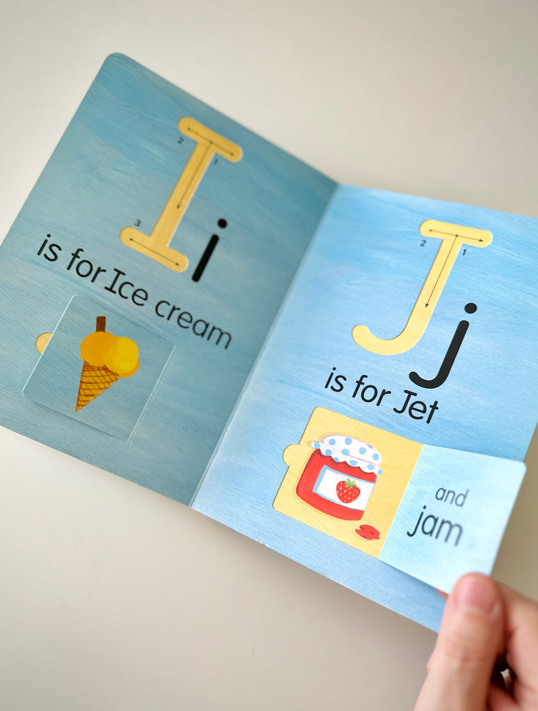"A is for Apple", is a trace-and-flip book, with letter tracks, your child can track with their fingers for letter formation, and flaps that lift to reveal another illustration of a first word that begins with the featured letter.