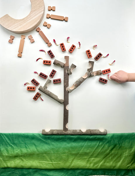 Loose Parts Play Tree Creation with Big Branch block Builders, Notch Blocks, Unit Block, Flower Petals and Play Silk