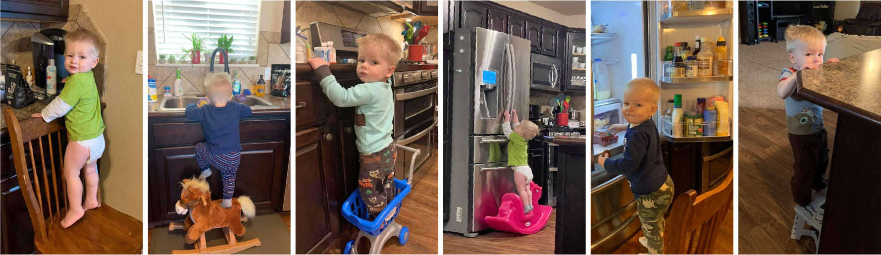 A series of images showing a toddler boy climbing on kitchen chairs, stools, rocking horses and toys so that he can reach the counter.