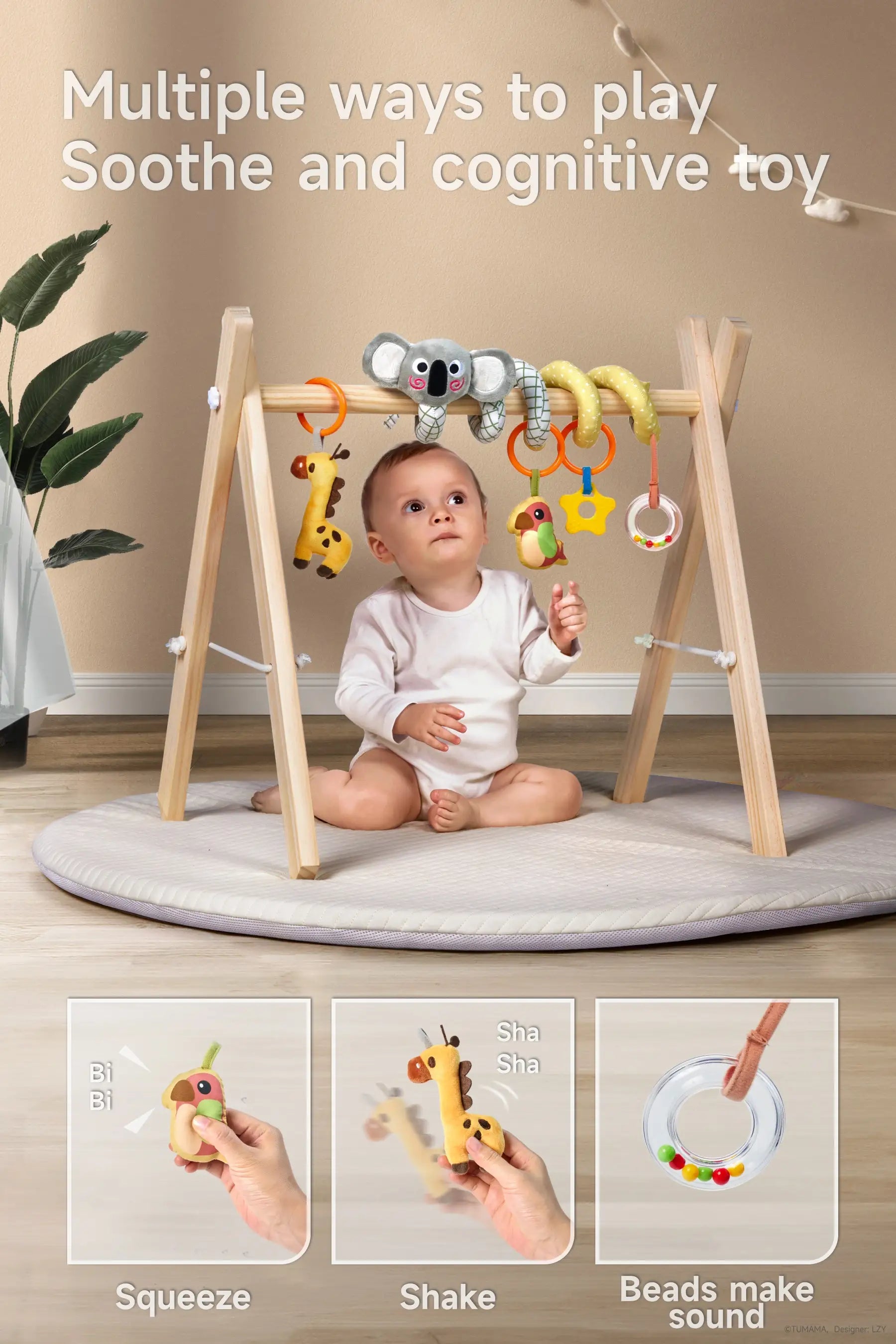 A baby playing with a koala giraffe bird arch baby toy