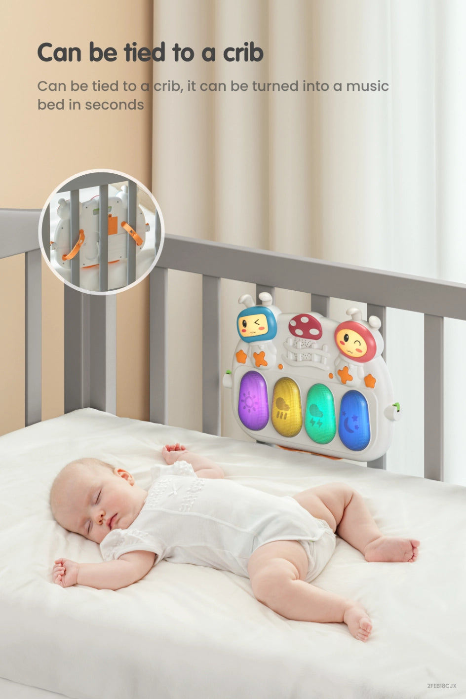 Baby Fitness Activity Playmat can be tied to a crib