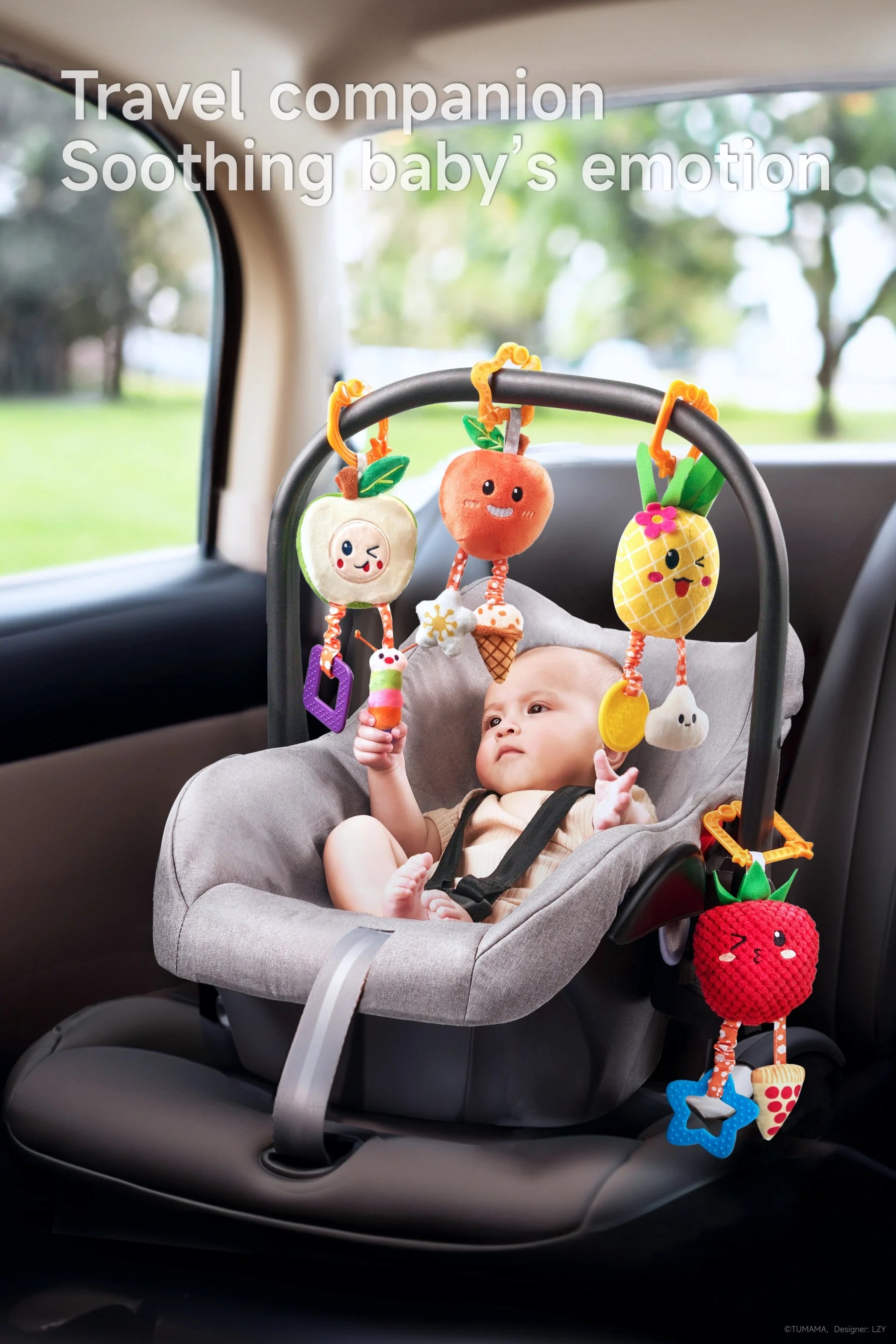Baby toy set with hanging fruit rattles for crib and stroller