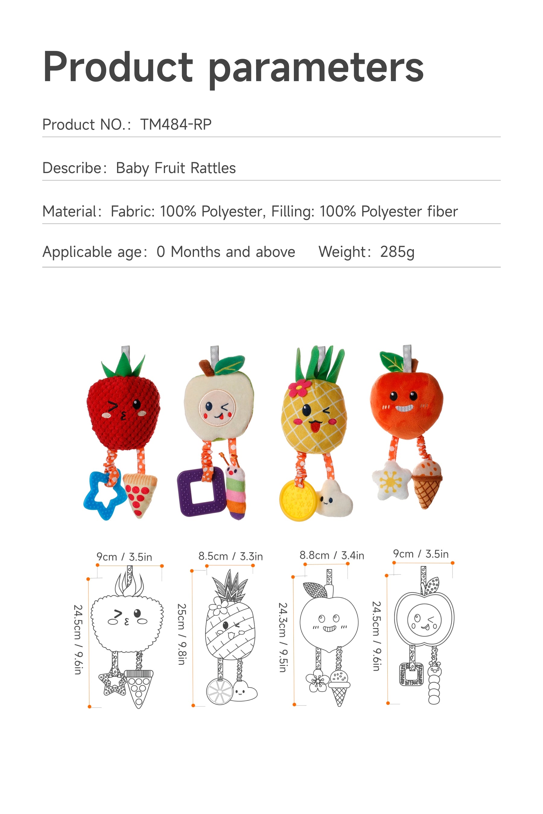 Baby toy with hanging fruit rattles for infant entertainment