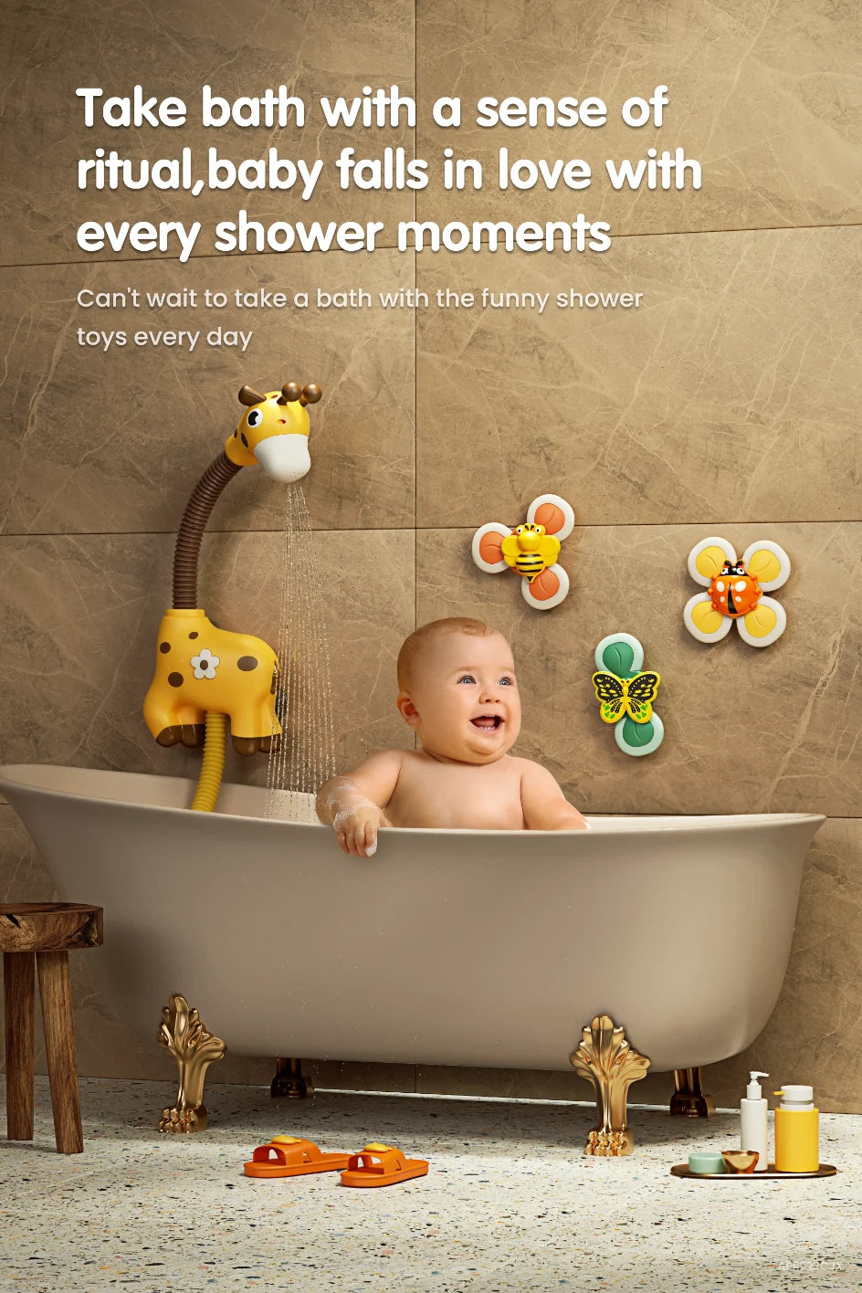 Baby with wind up bath toy take bath with a sense of ritual