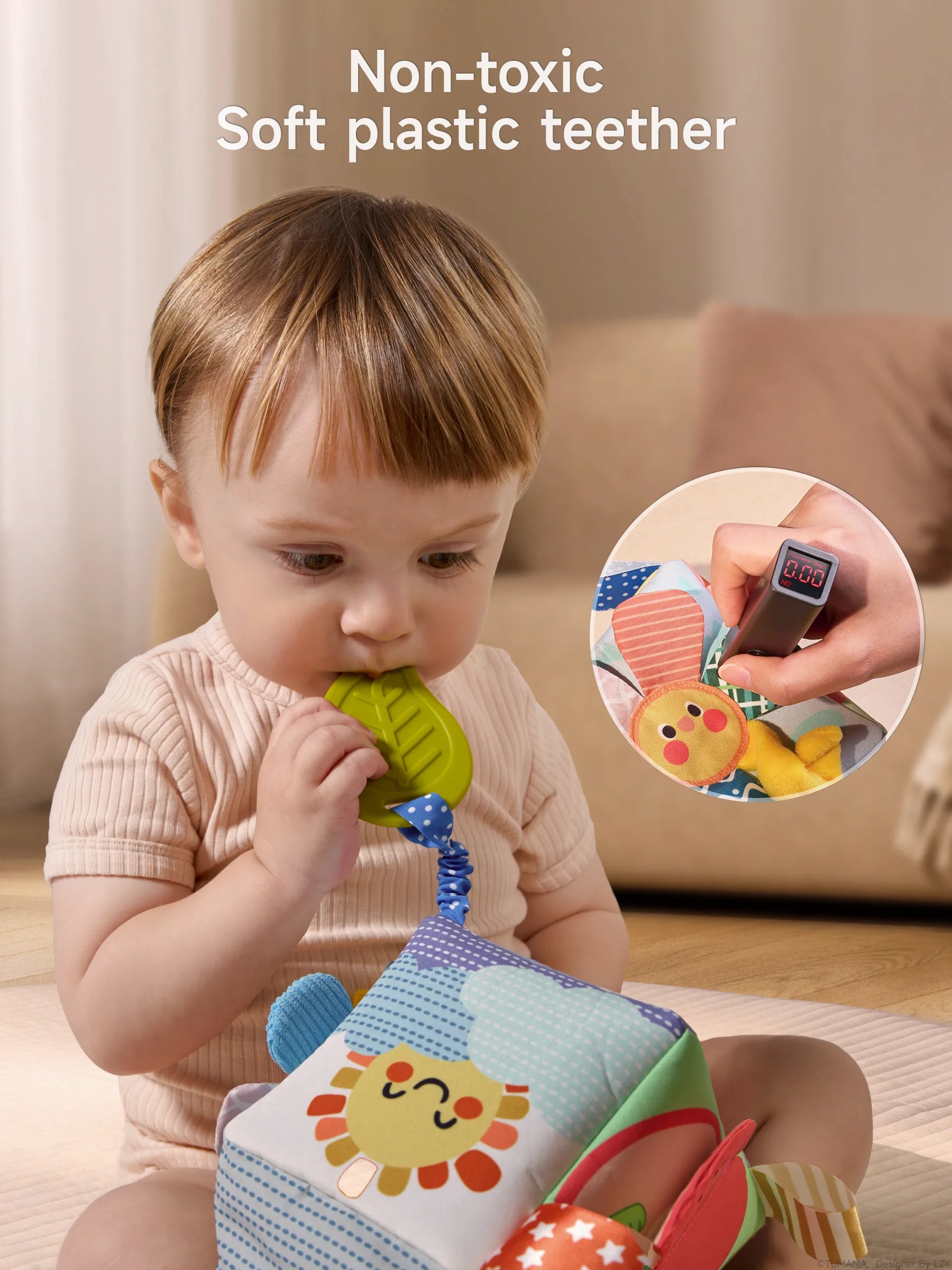 Baby chewing on a non-toxic soft plastic teether attached to a Montessori tissue box toy, designed for safe teething and sensory play, with a close-up showing the teether and colorful toy details.