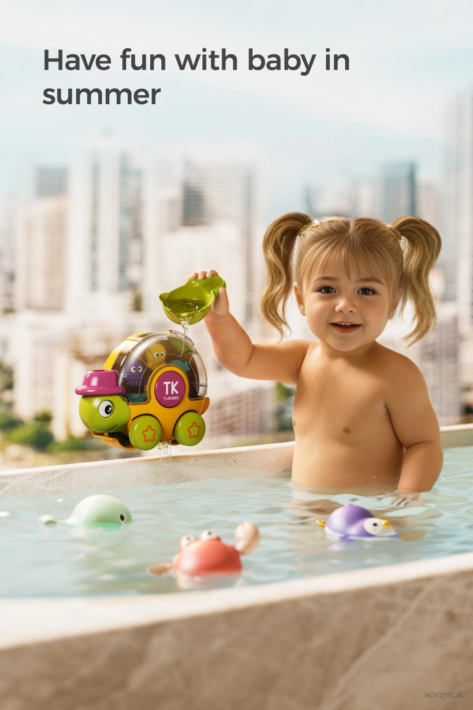 Bath toy with wind up feature for toddler bath fun