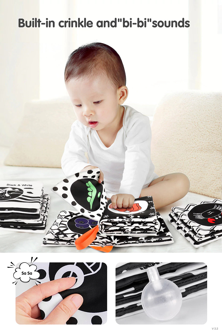 Black and White Crinkle Book Soft Cloth Baby Book Toys built in crinkle