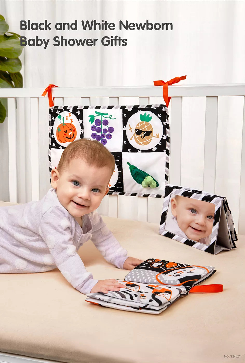 Black and white soft books with mirror for hands on play