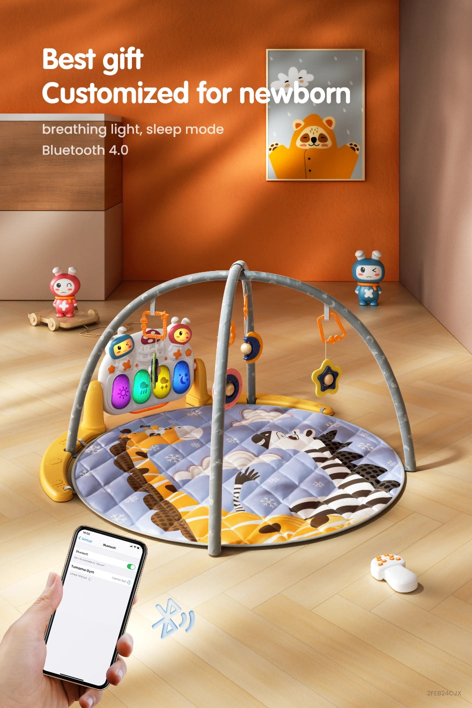 Bluetooth activity mat with hanging toys