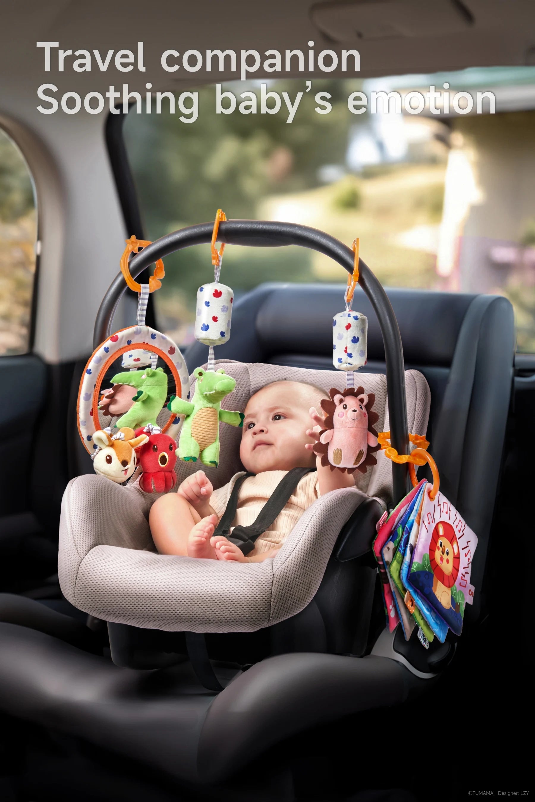 Car seat and stroller hanging toy with busy book activities