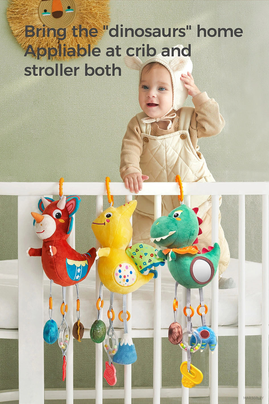 Car seat stroller mobile toy with hanging dinosaur rattle