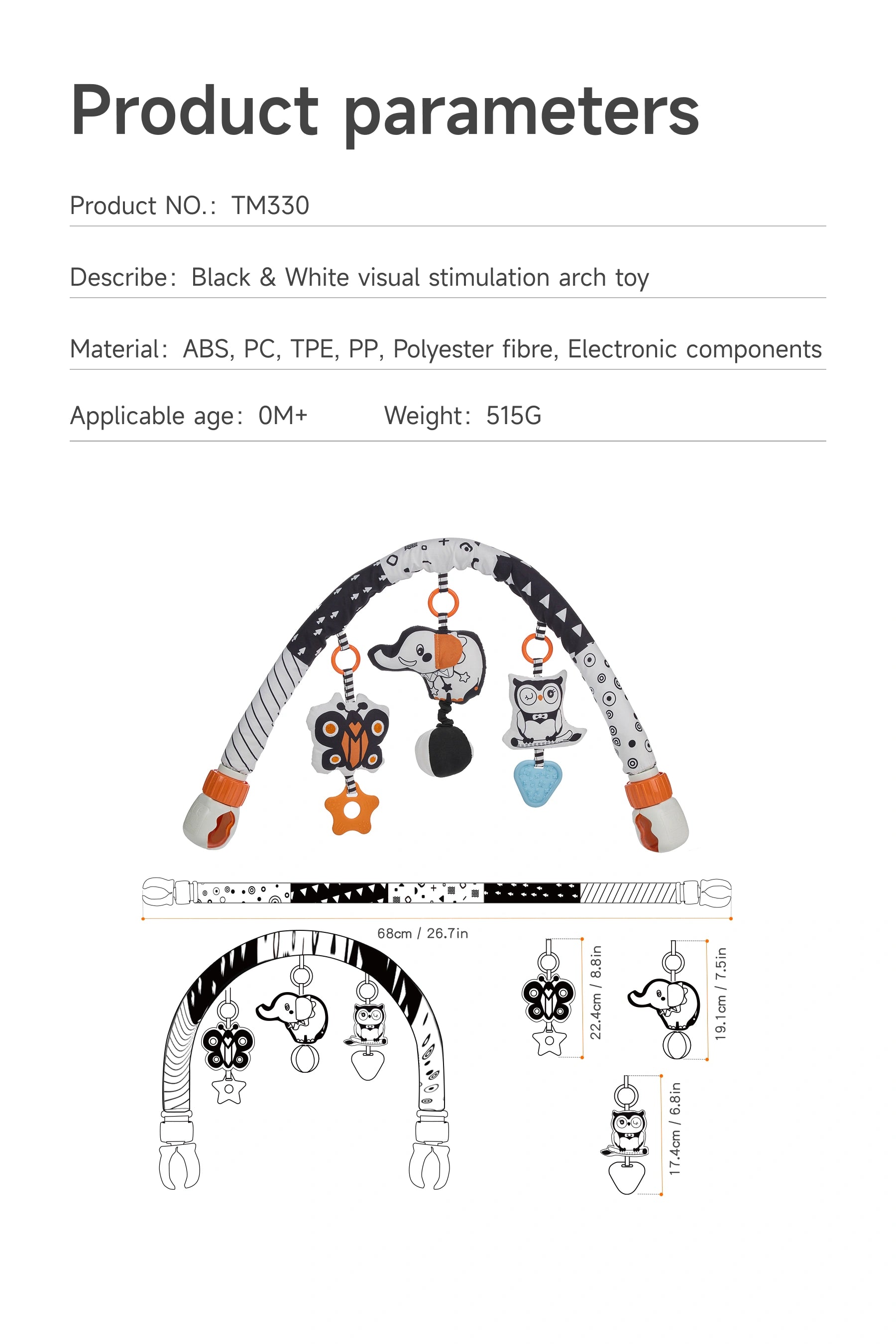 Car seat travel activity arch with visual black and white toy for babies