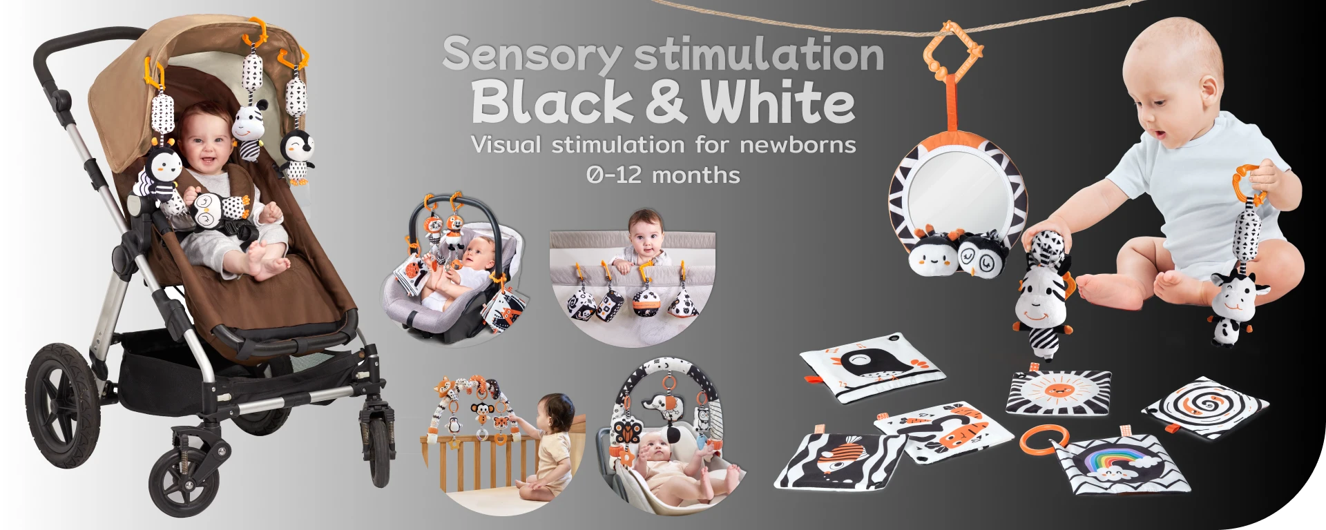 The baby is happily playing with black and white visual sensory toys to stimulate visual development