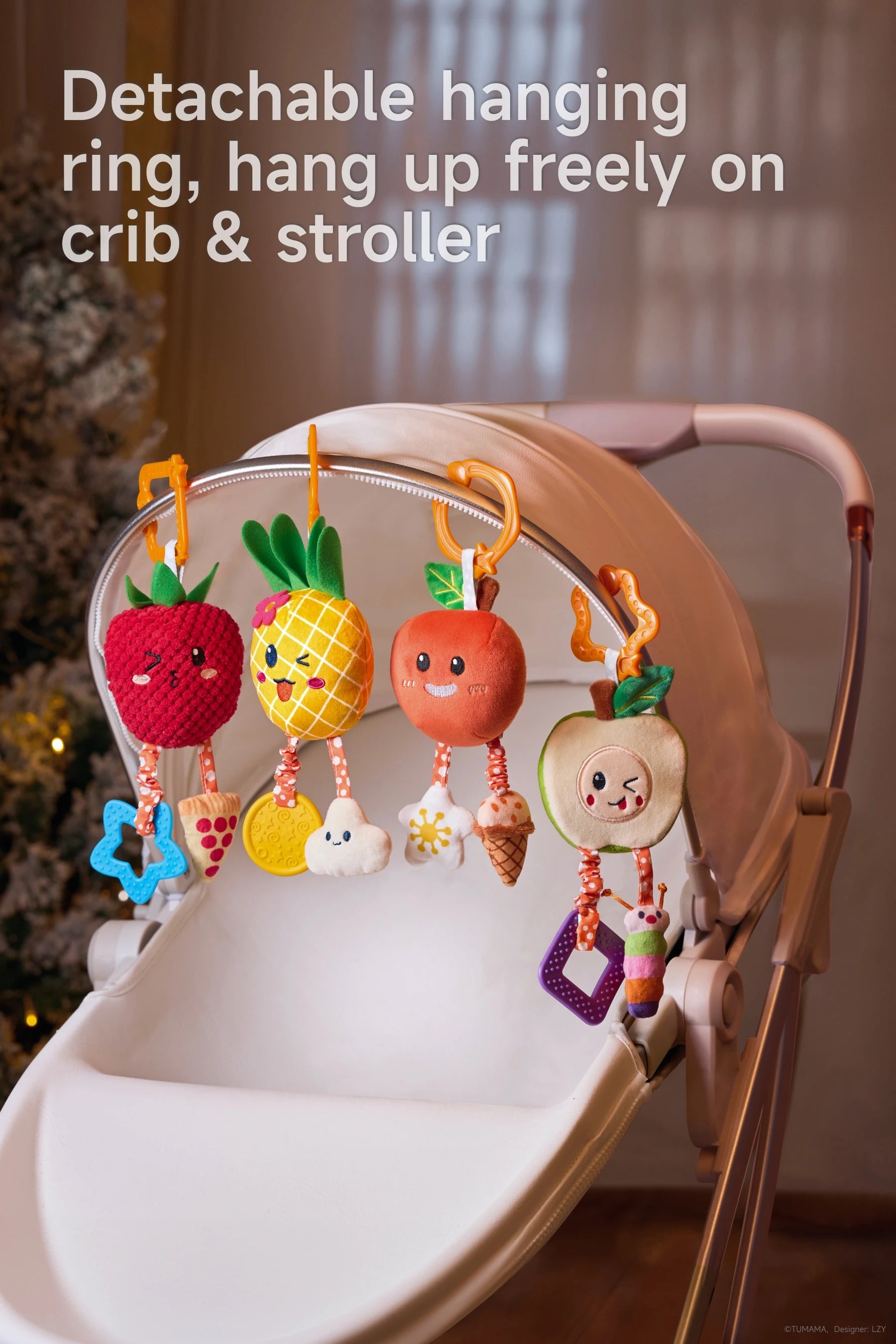 Crib stroller and car seat play with hanging apple pineapple raspberry apricot toys