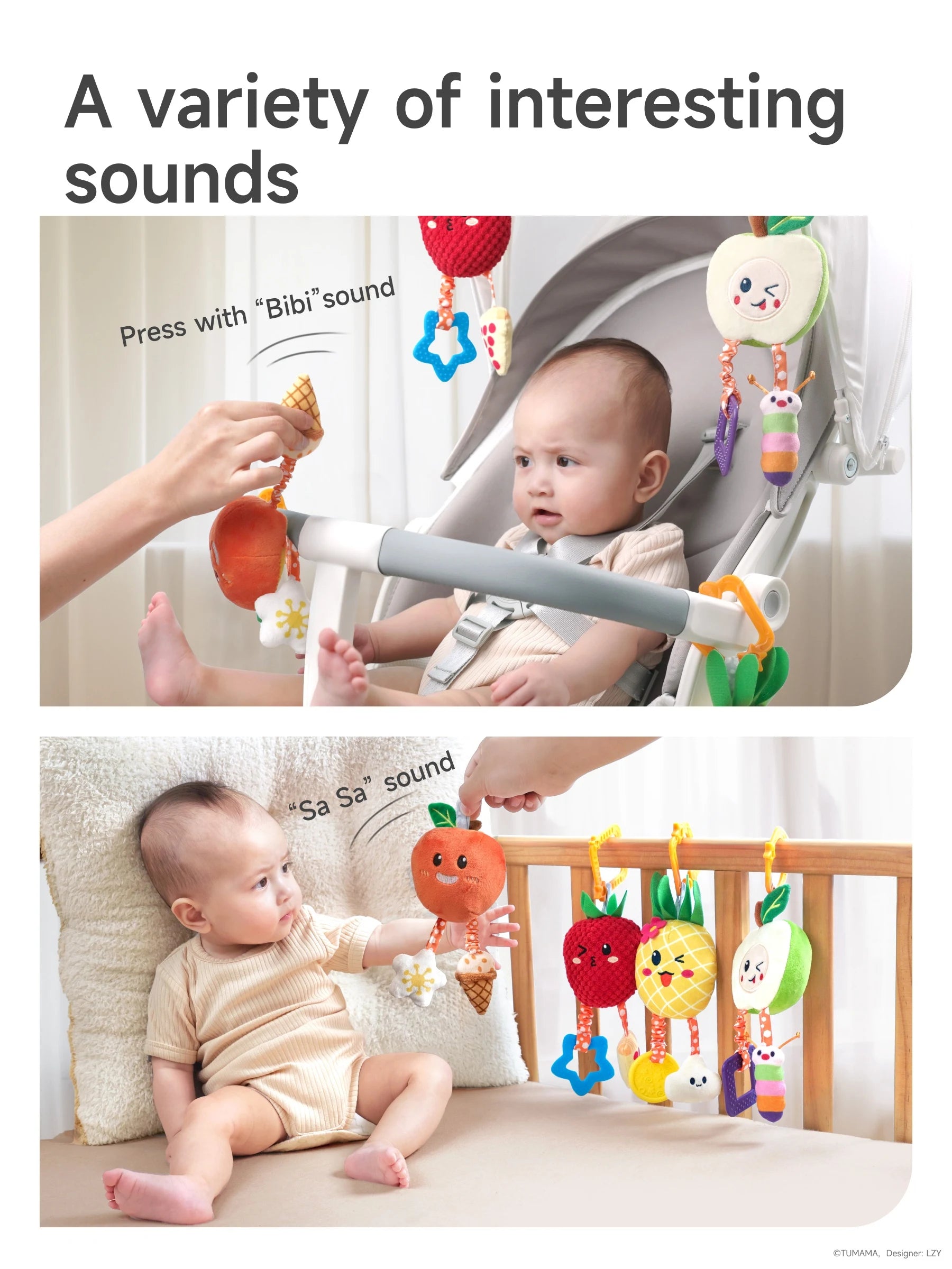 Crib stroller car seat play with hanging fruit rattles