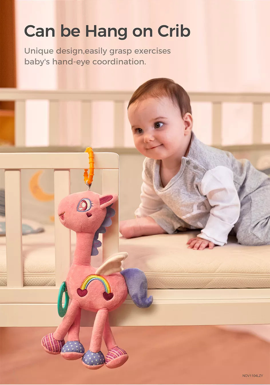 Crib teething toy in adorable baby pink