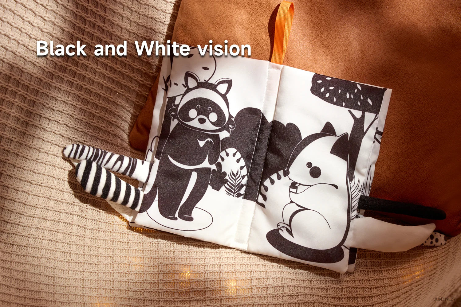 Crinkle cloth book with black and white patterns for visual stimulation