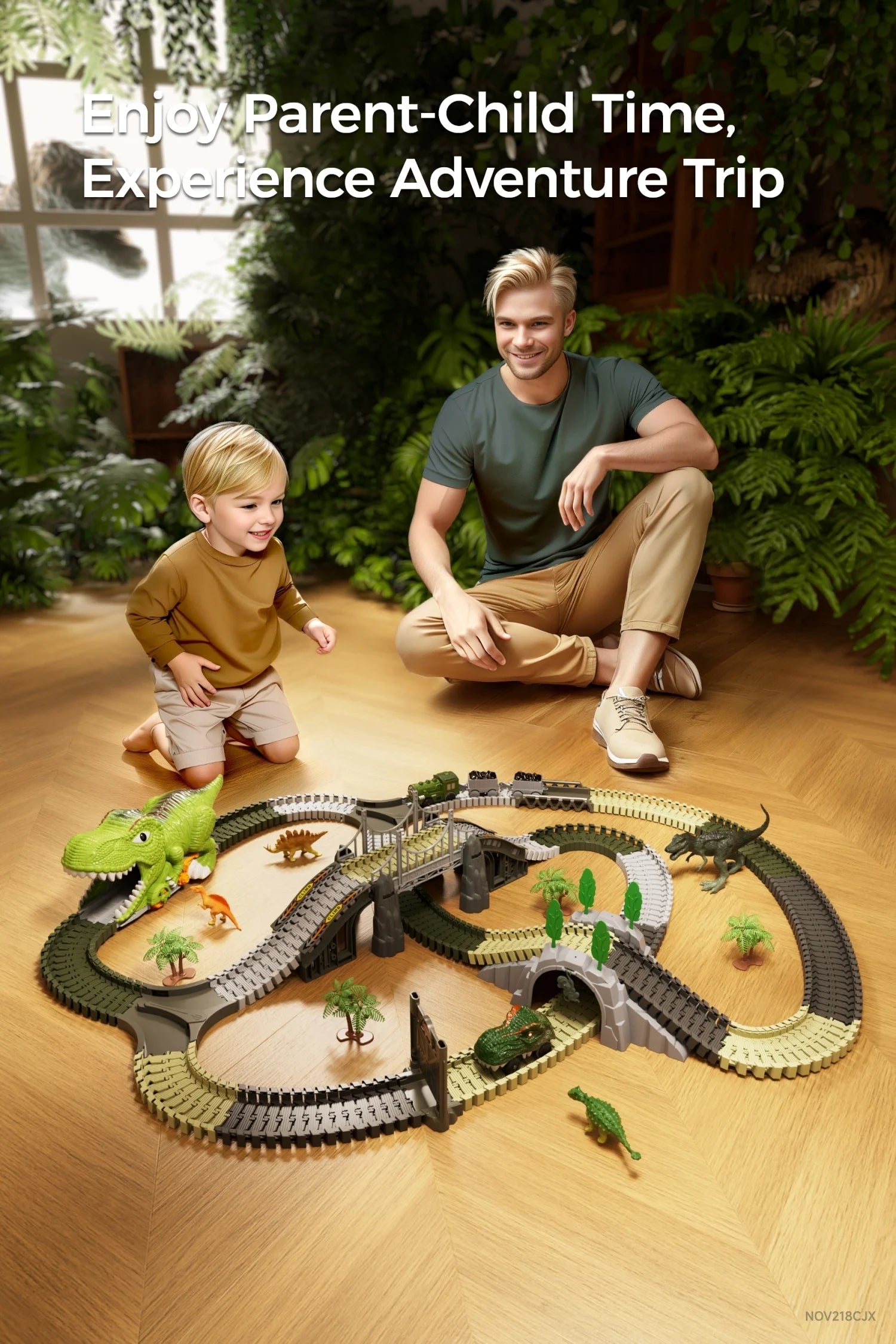 Flexible train tracks featuring dinosaur figures and cars