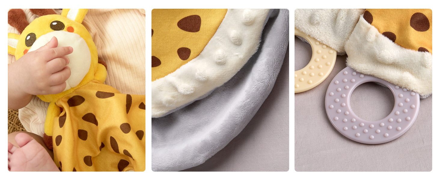 Three close-up images showing details of a giraffe baby security blanket: a baby holding the plush giraffe, a close-up of the soft textured edge of the blanket, and a close-up of two circular textured teethers attached to the blanket.