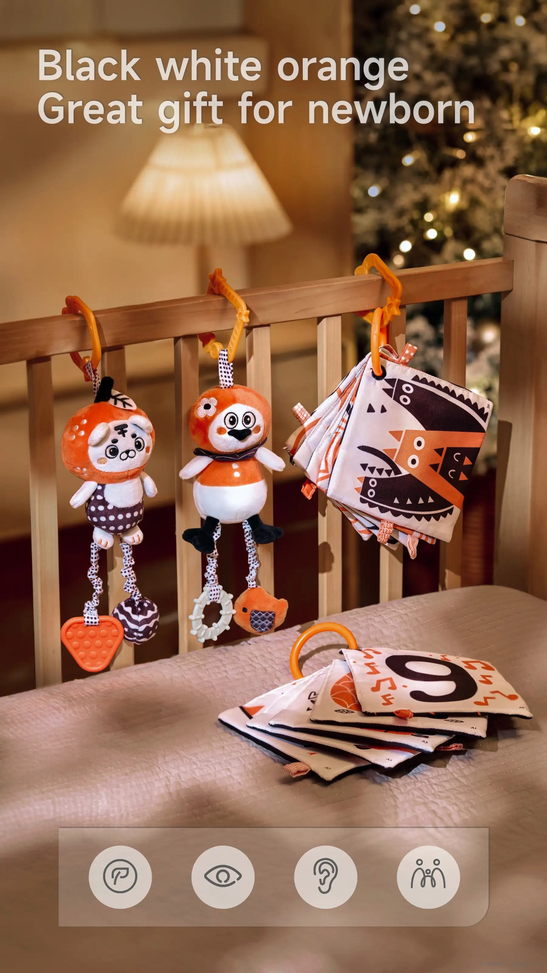 Hanging tiger and duck toy for sensory experiences in infants