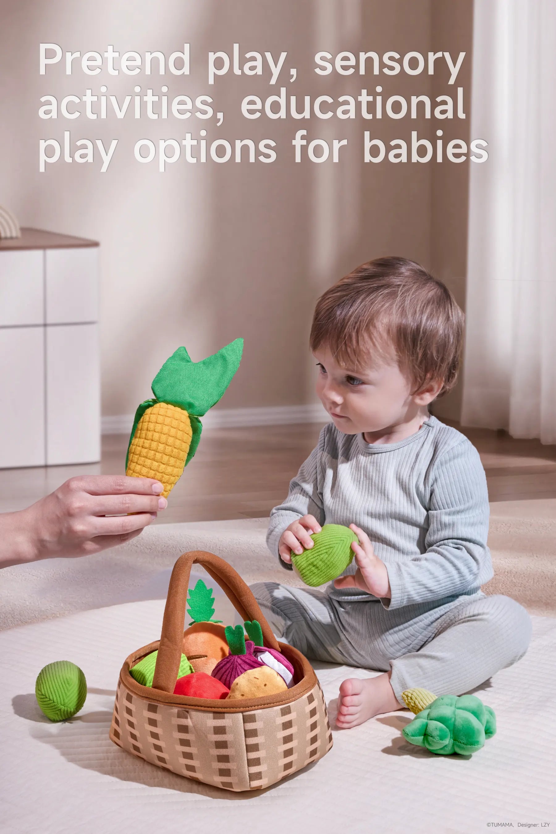 Child playing with a basket of felted vegetable toys: corn cob, strawberry, and onion.