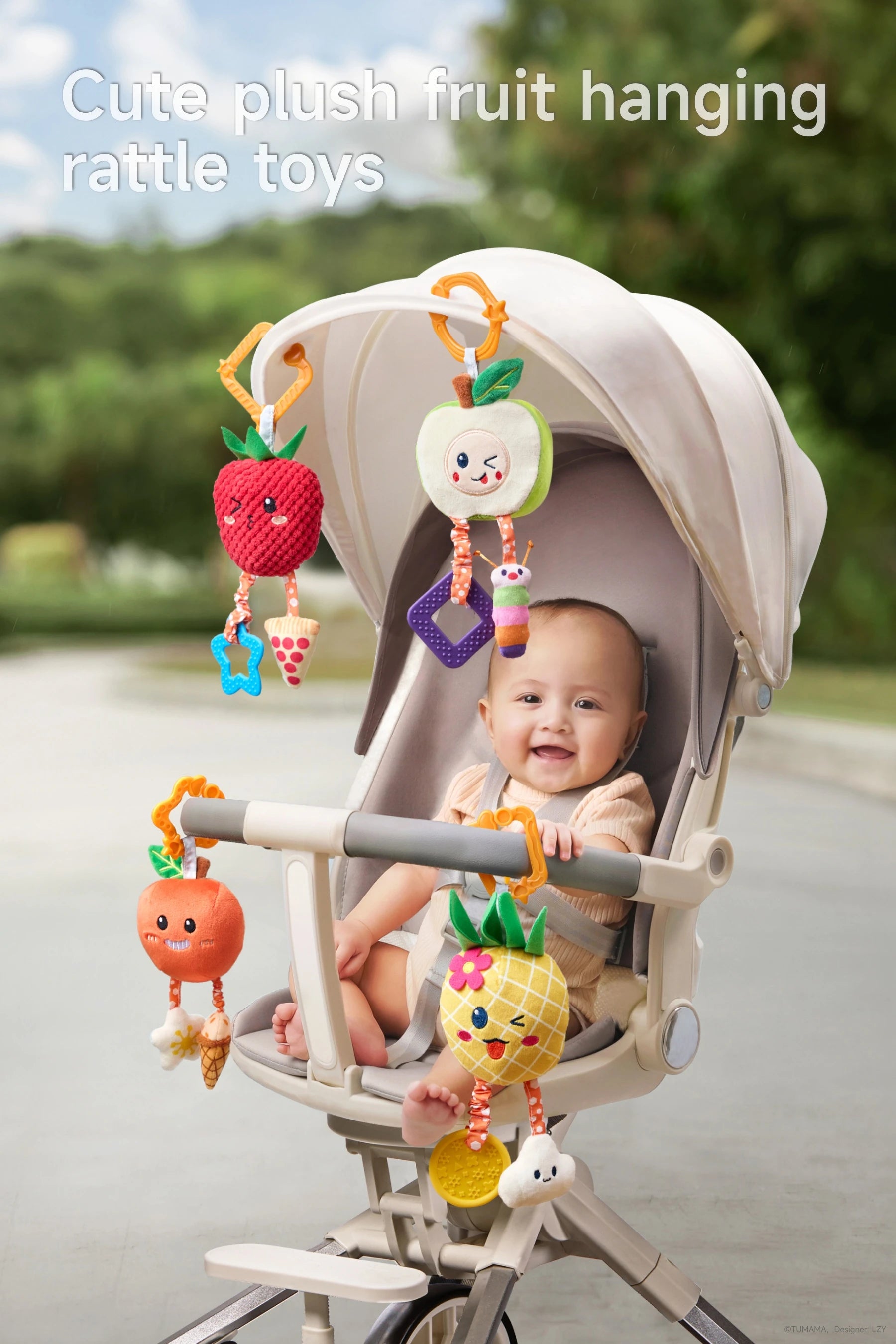 Newborn infant entertainment with hanging fruit rattle set