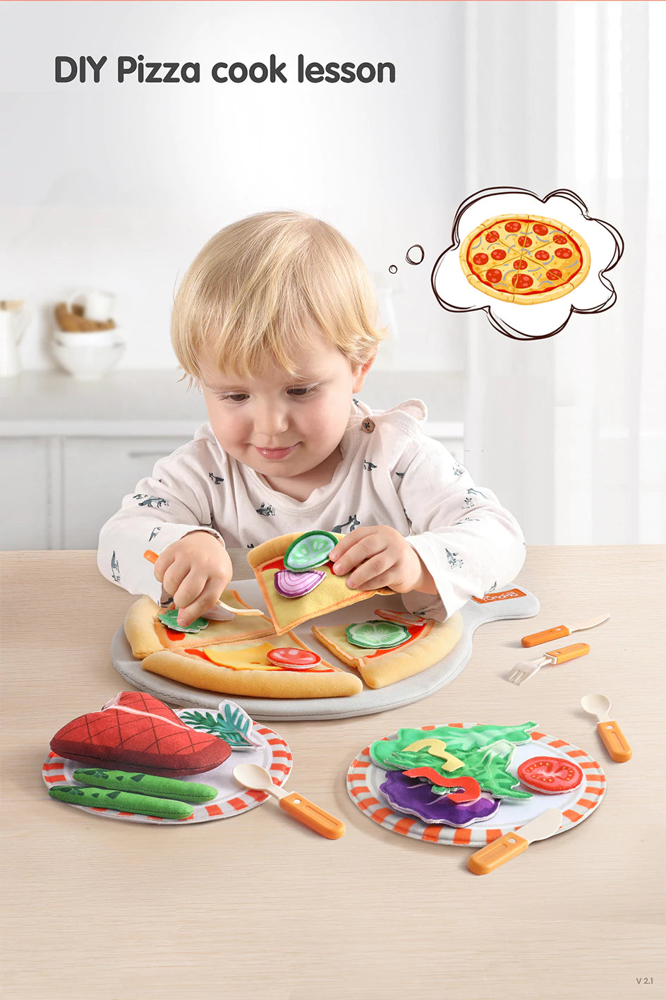 Pizza salad and steak food play set with simulation features