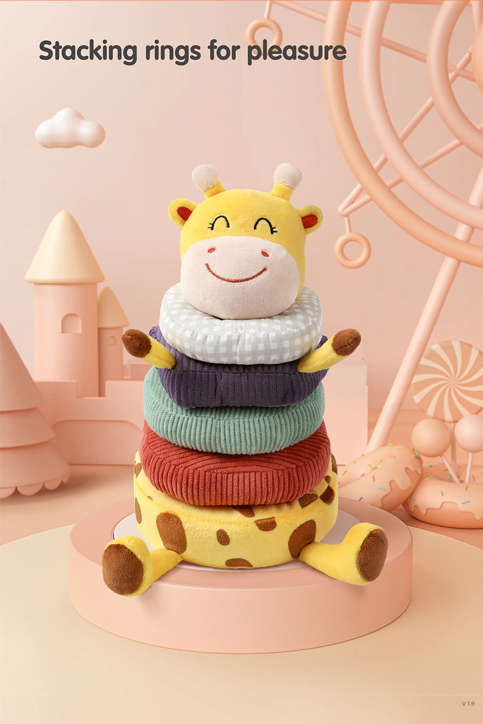 Plush stacking toy featuring giraffe themed elements