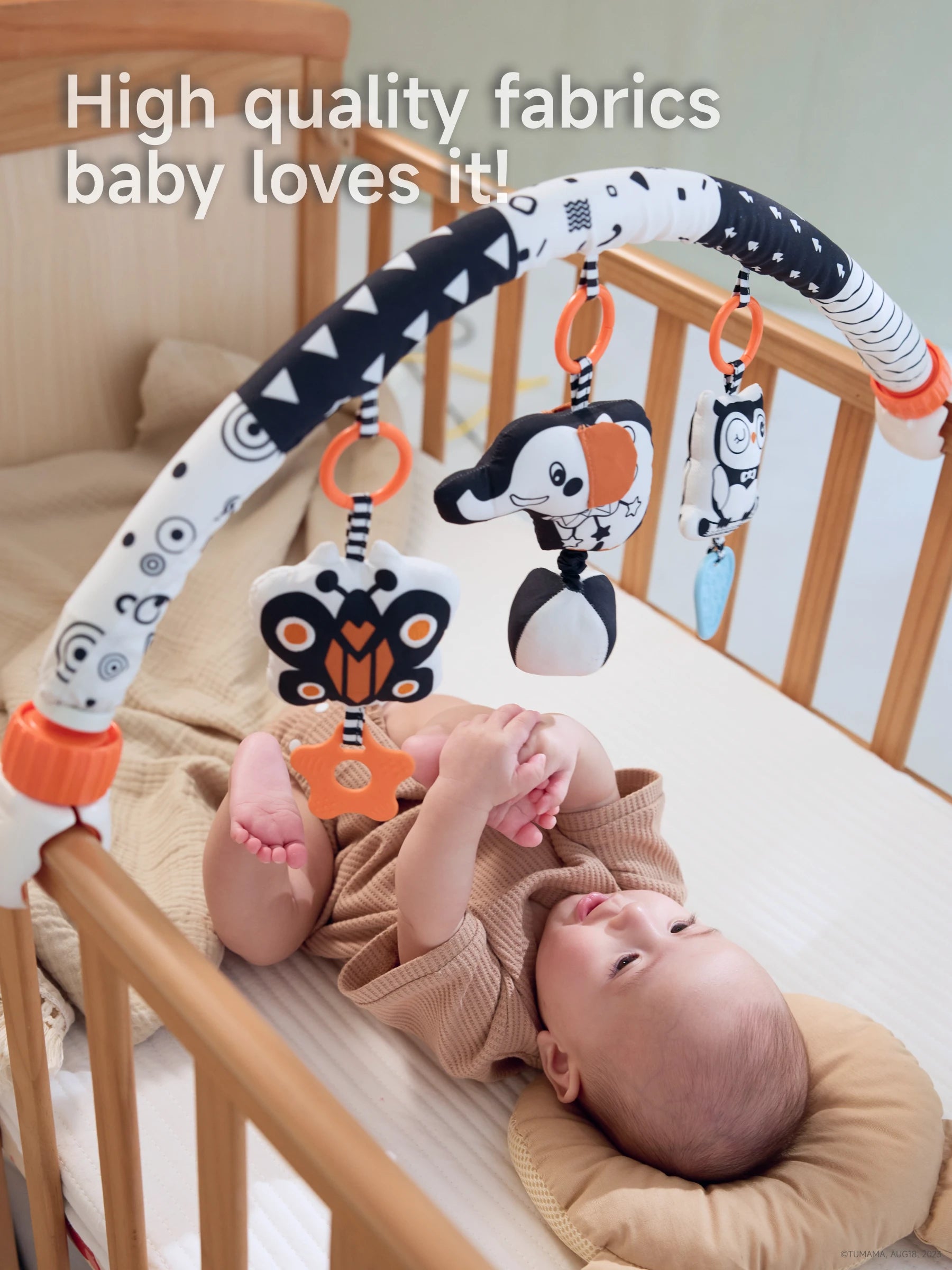 Portable baby mobile featuring butterfly elephant owl for on the go play