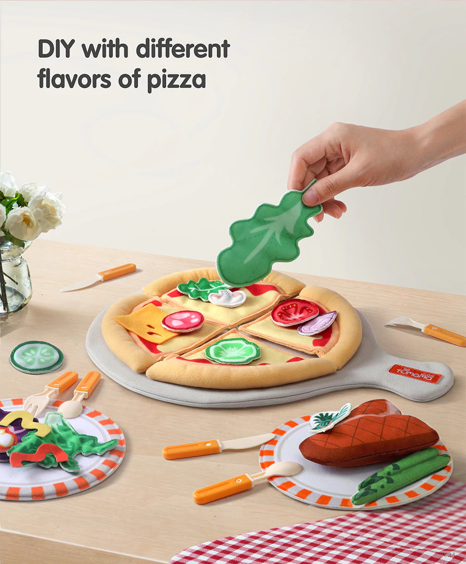 Simulation play set featuring pizza salad and steak for toddlers