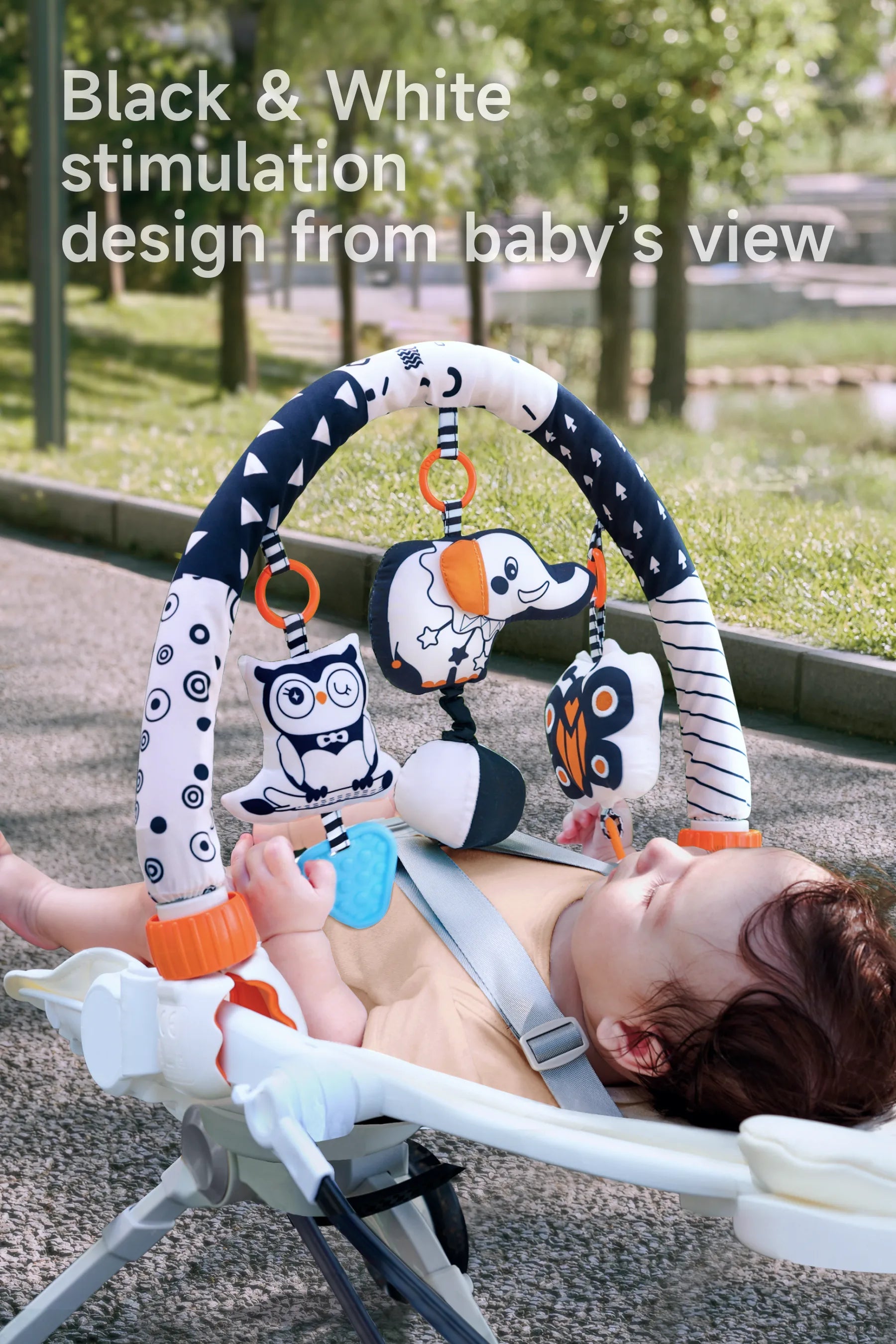 Stroller arch toy with butterfly elephant owl for portable baby play