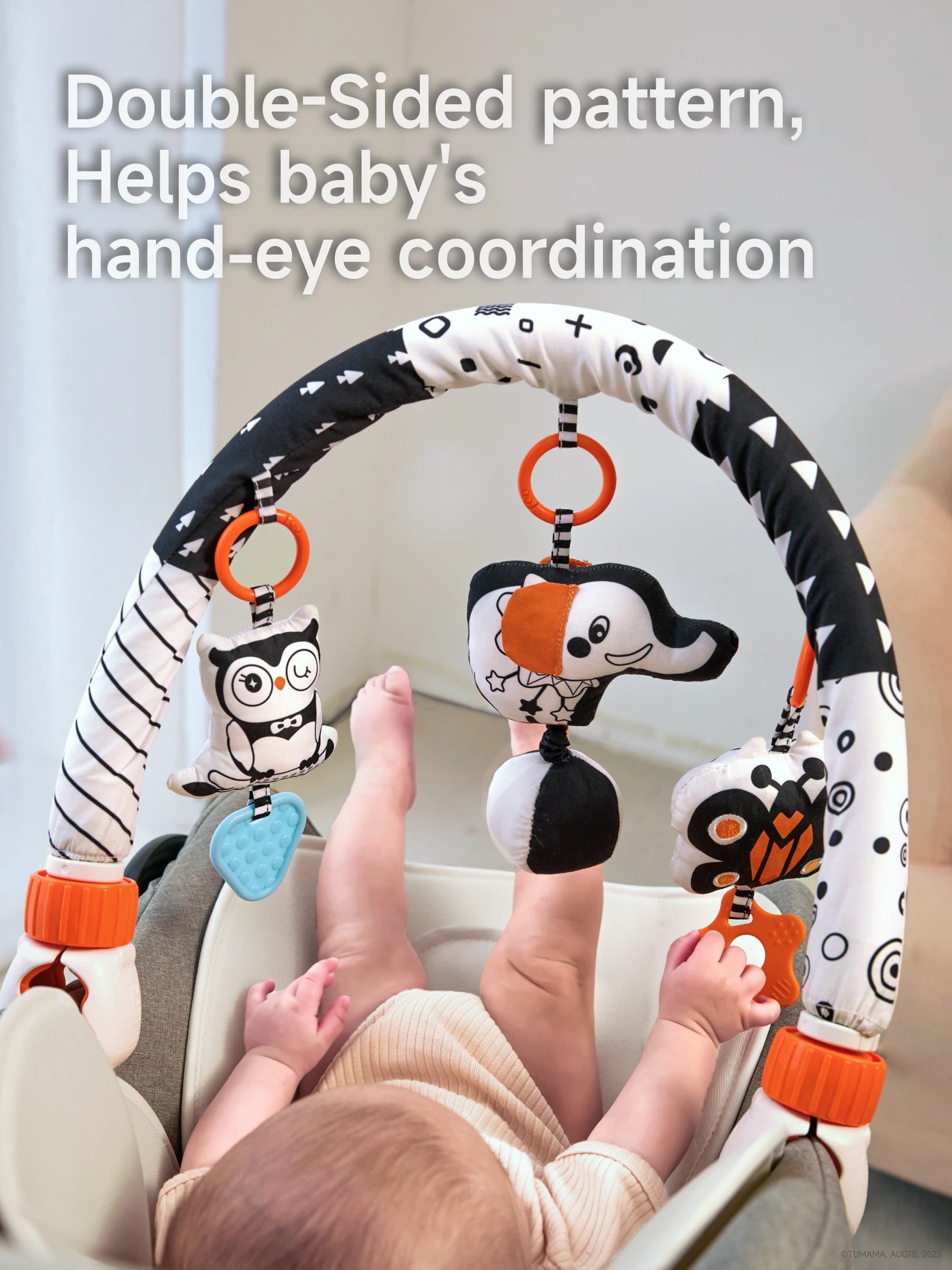 Stroller arch toy with visual black and white butterfly elephant owl for infants