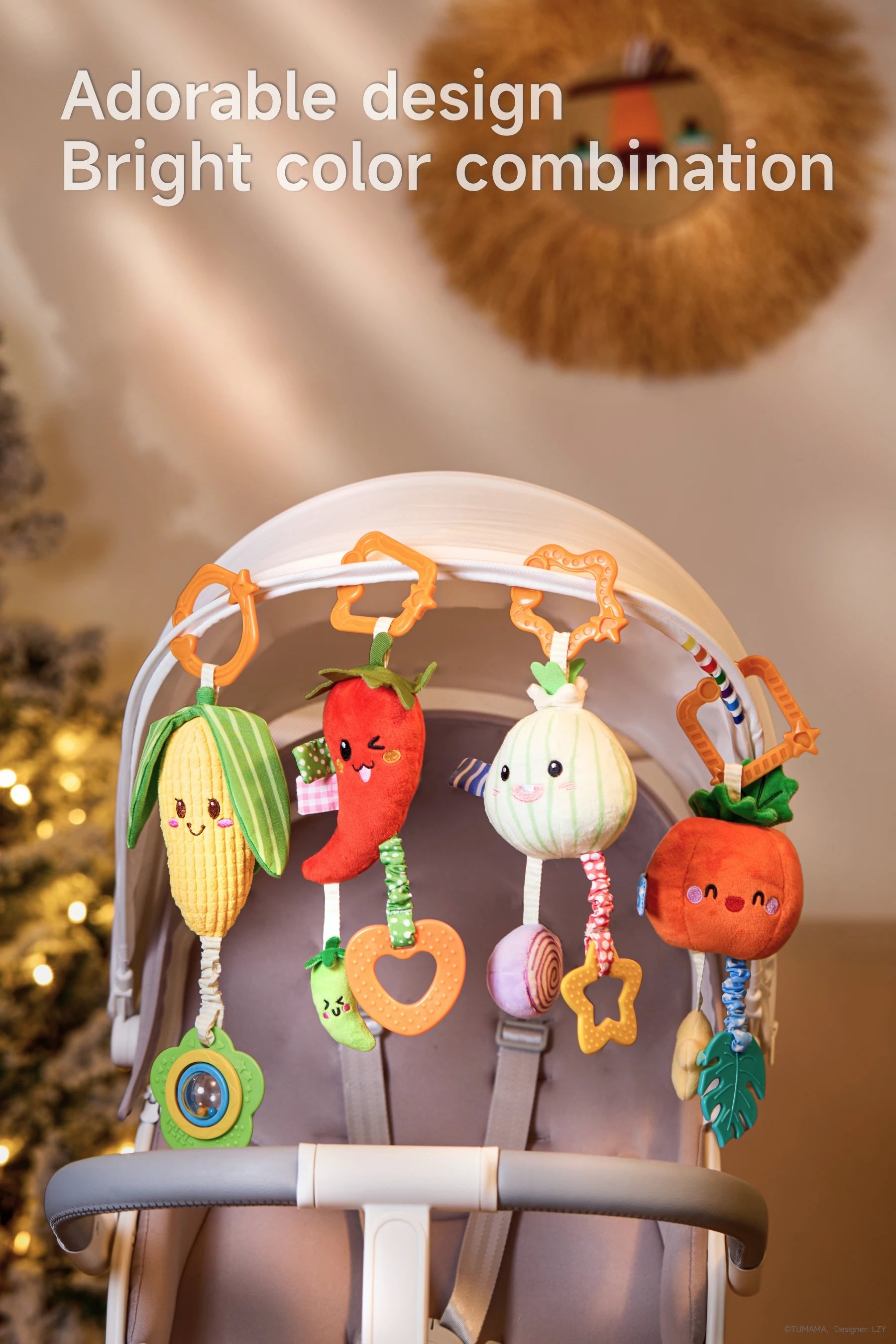 Stroller mobile with onion and pumpkin rattles
