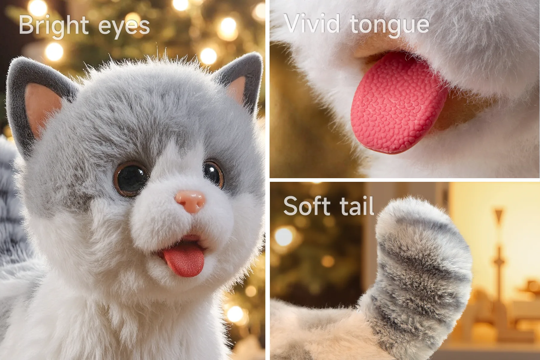 Electric plush cat with soft tail and bright eyes