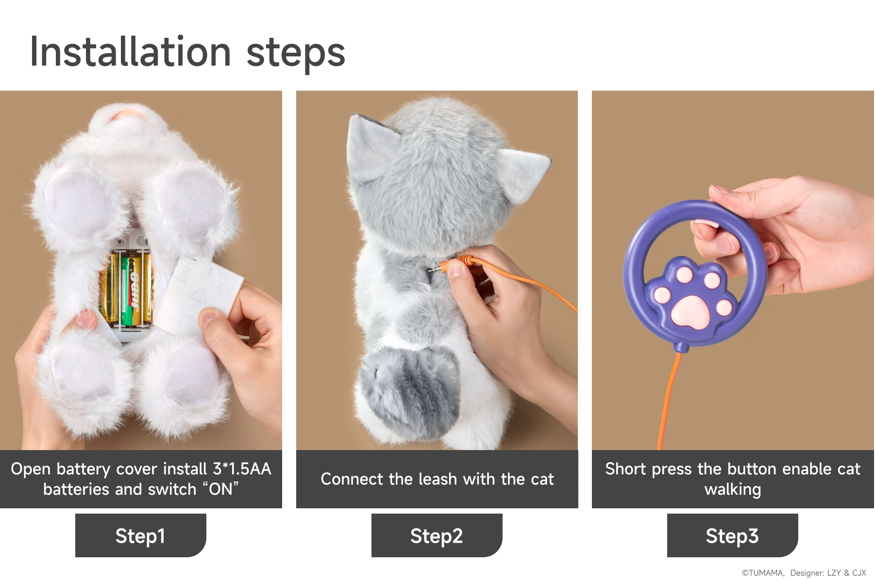 Installation steps of children's interactive cat walking toys with traction ropes