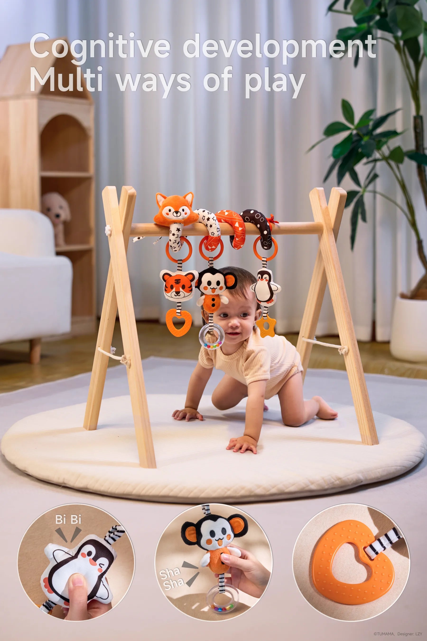 Demonstrates the toy attached to both a stroller and a car seat, showcasing its versatility.