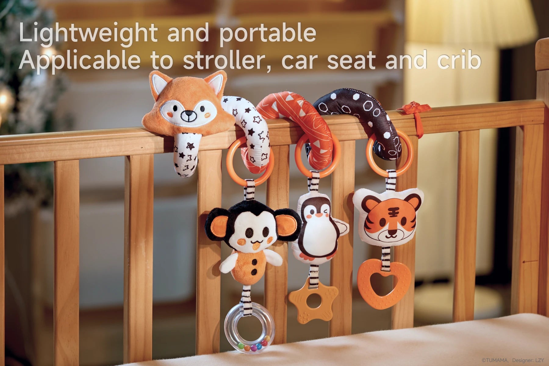 Demonstrates the toy attached to both a stroller and a car seat, showcasing its versatility.