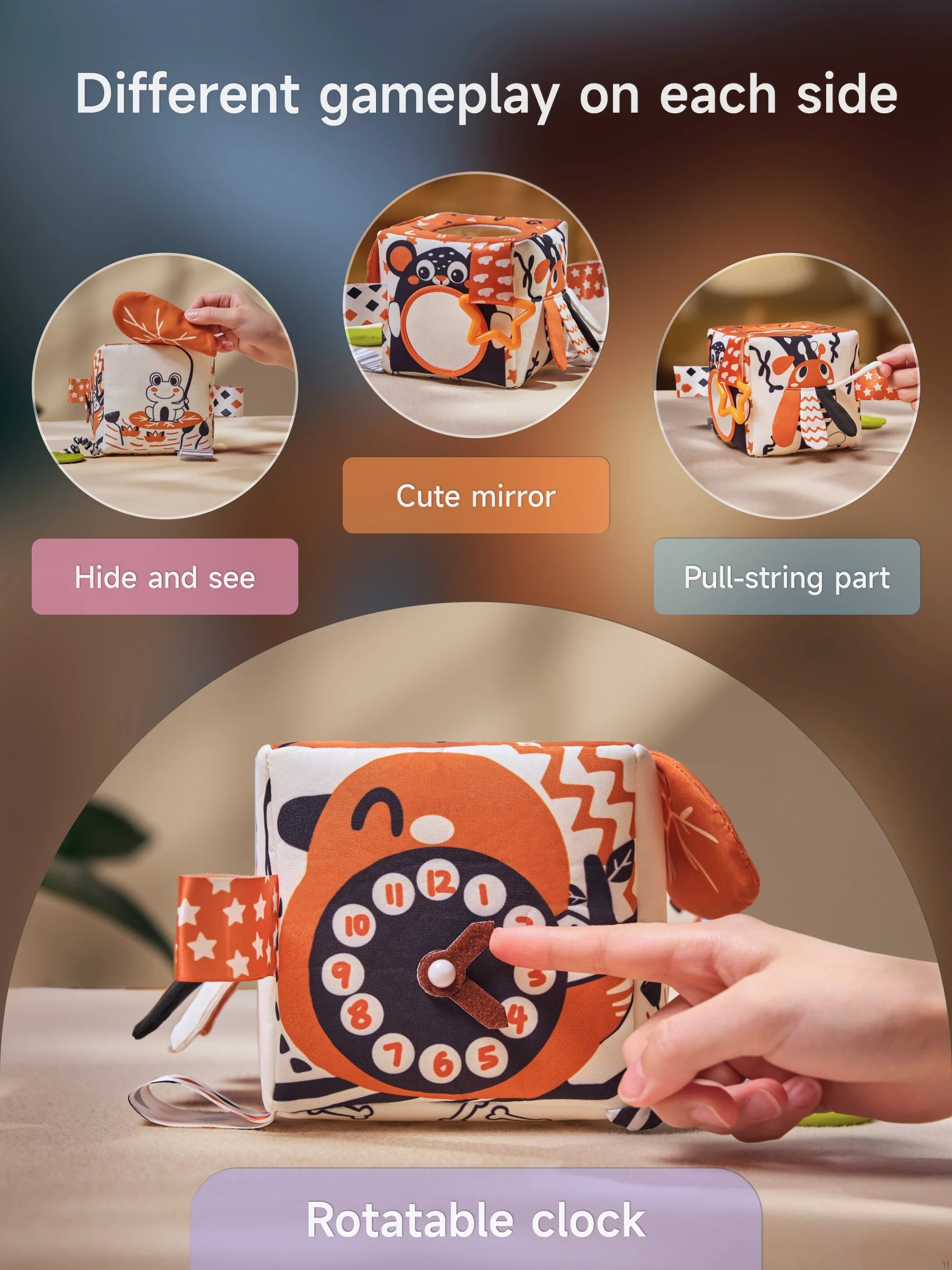 Montessori sensory activity cube toy showing multiple play features including hide and see, cute mirror, pull-string part, and rotatable clock for baby early learning and fine motor skills