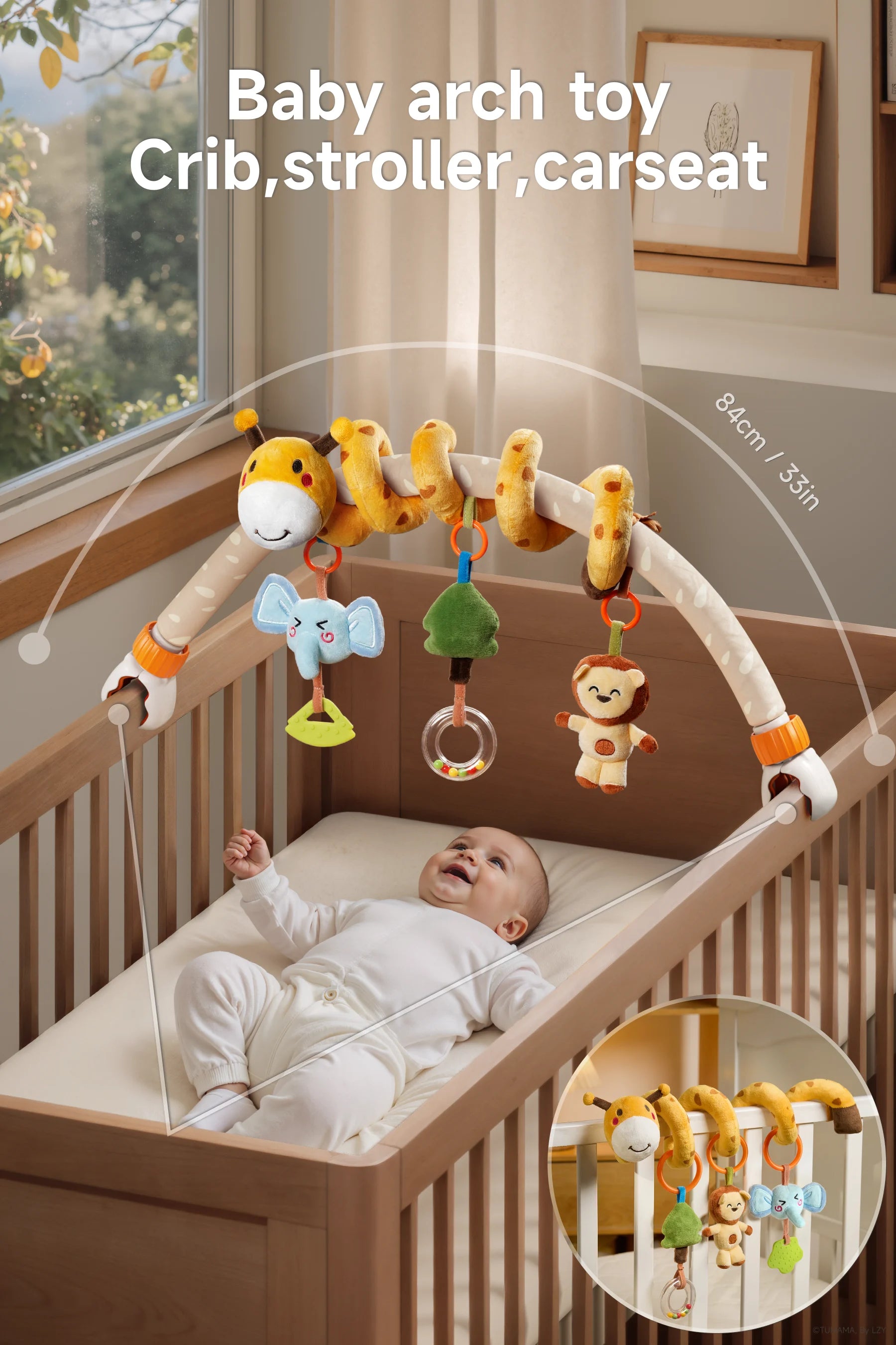 A baby lying in a crib, happily playing with a baby arch toy featuring plush animals like a giraffe, elephant, tree, and monkey. The toy is securely attached to the crib with adjustable clips, showcasing its universal fit and engaging design. An inset image highlights the toy’s spiral details for added fun.