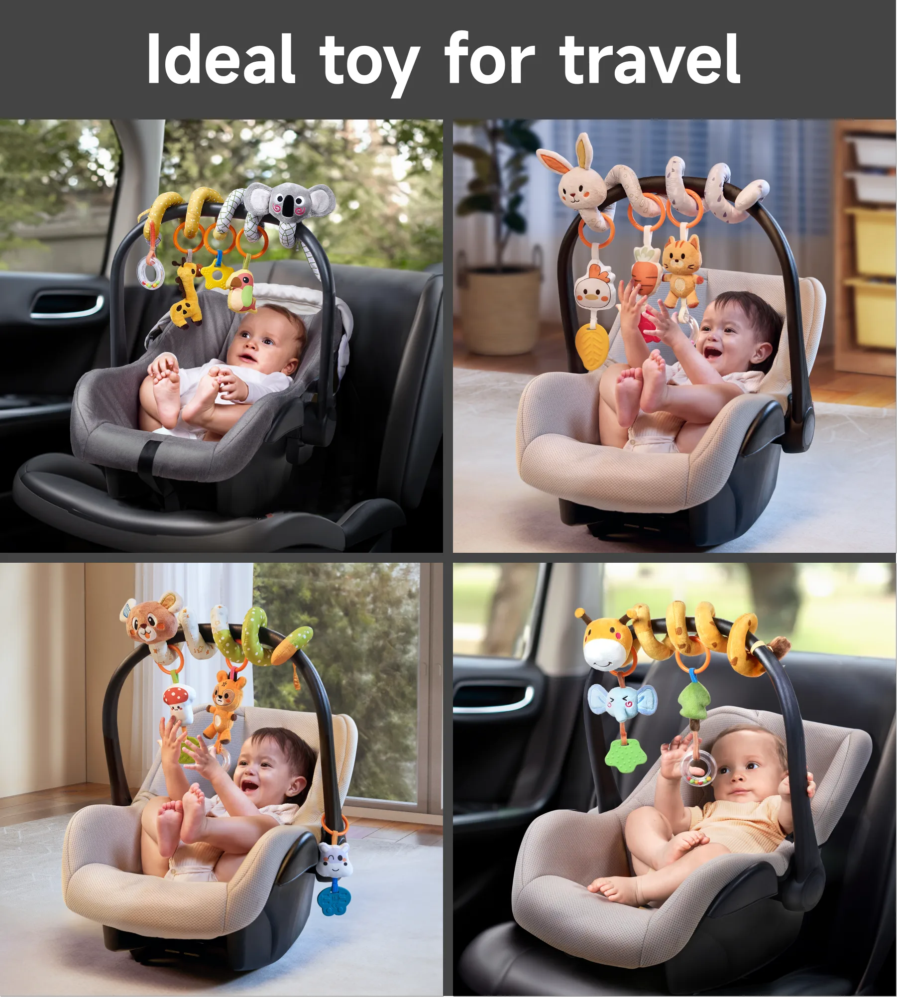 Collage of babies in car seats playing with colorful travel toys featuring plush animals like koalas, bunnies, bears, and giraffes. Each toy wraps securely around the car seat handle and includes textured elements and rattles for interactive play.